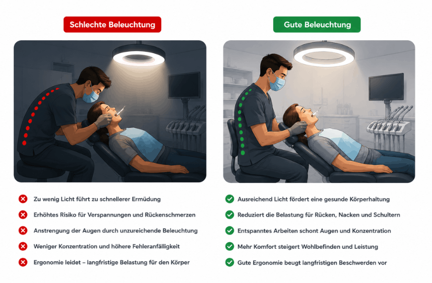 Einfluss von ausreichender Beleuchtung auf die Ergonomie im Behandlungsraum für gesunde Körperhaltung und weniger Belastung