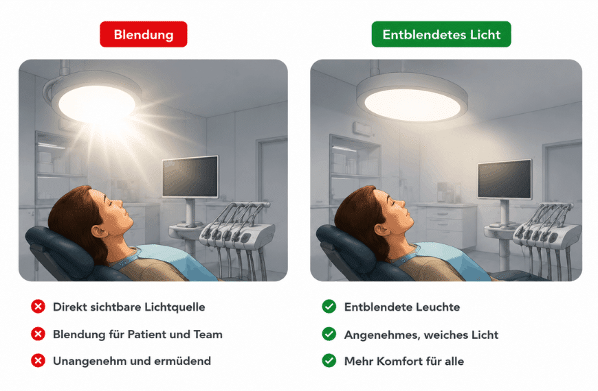 Vergleich von Blendung und entblendetem Licht im Zahnarzt Behandlungsraum für angenehme und augenschonende Beleuchtung