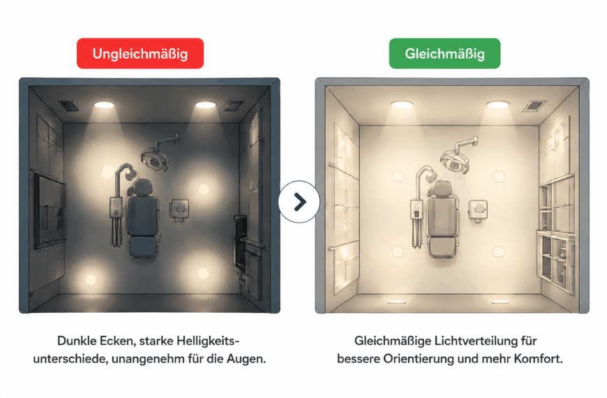 Vergleich von ungleichmäßiger und gleichmäßiger Beleuchtung im Behandlungsraum für bessere Lichtverteilung und höheren Sehkomfort